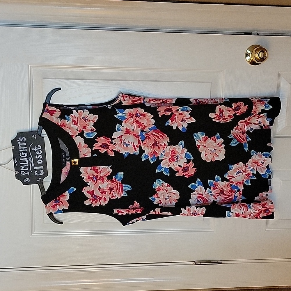 Ellen Tracy Large Tunic Floral Black Pink Blue White Sleeveless